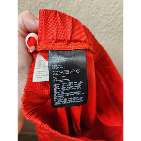 H&M Womens Size 2 Red Linen Blend Trousers Straight Leg Elastic Waist Pockets - Picture 7 of 7
